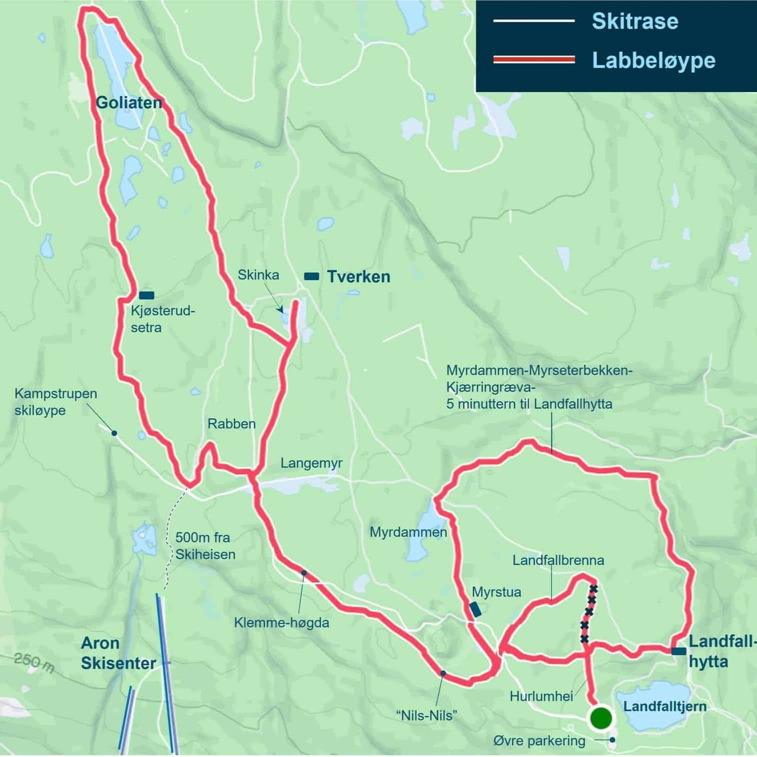Kart over LINK-Løypa fra Landfalltjern